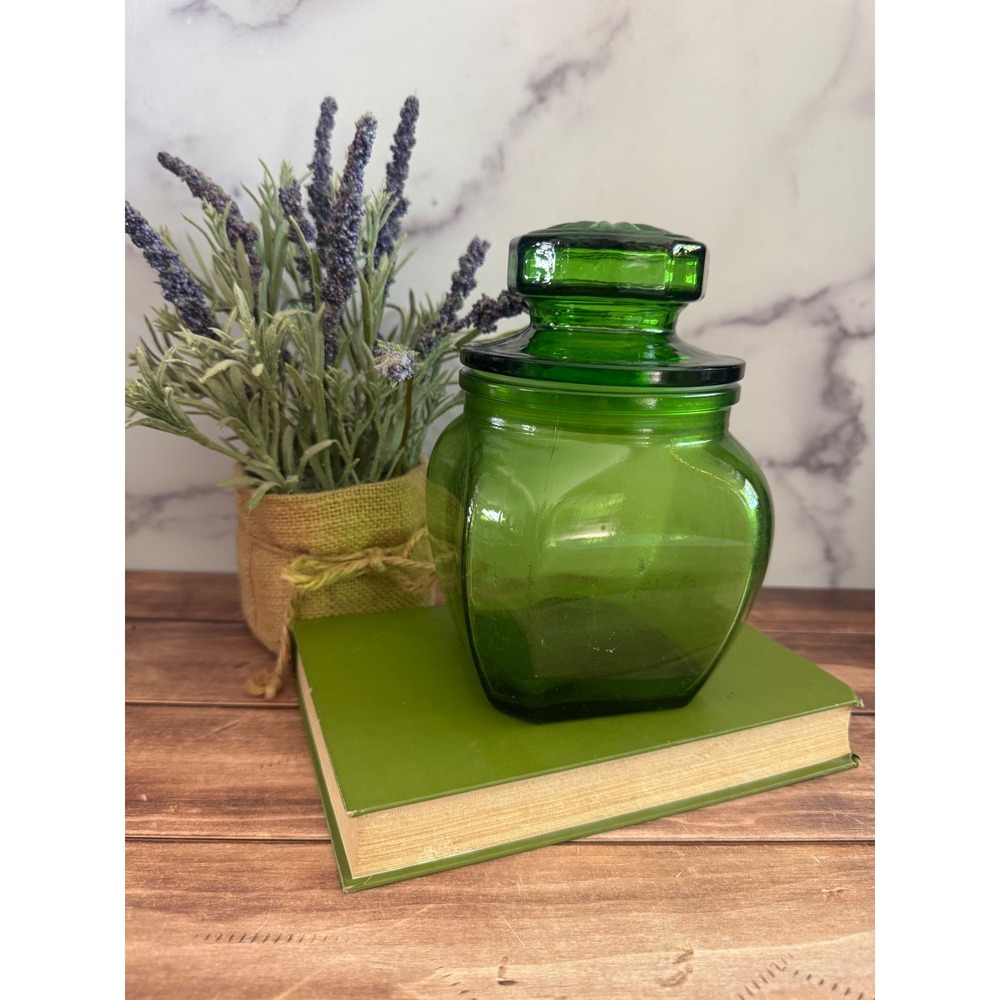 Vintage Emerald Green Glass Apothecary Jar with Lid Square Sunburst Stopper